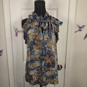 Pleione 100% Silk Ruffle Cold Shoulder Floral Print Blouse Top Size M